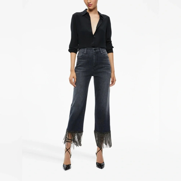 Alice + Olivia Amazing Crystal Fringe Hem Jean Size 26 Maya Charcoal Black - Picture 1 of 14
